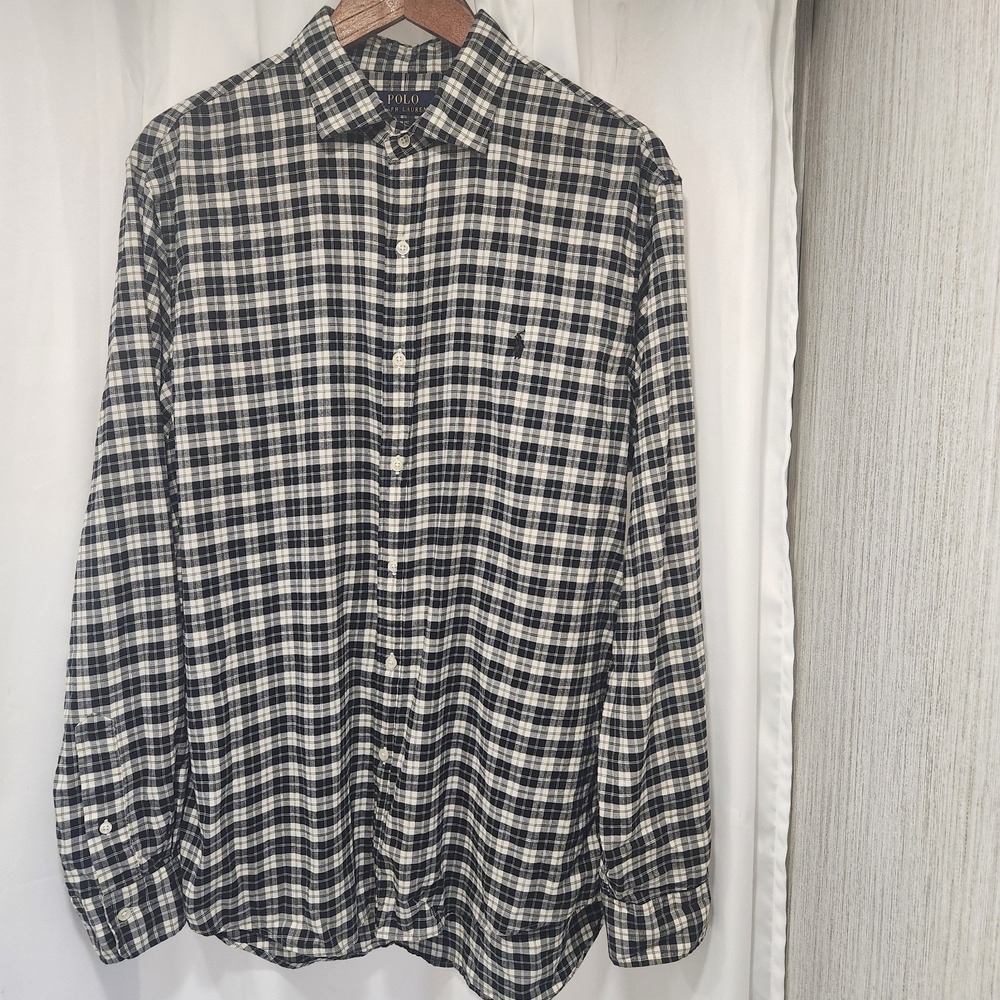 Polo Ralph Lauren Dress Shirt‎ Men's XL  Black White Slim Fit Pony Long Sleeve